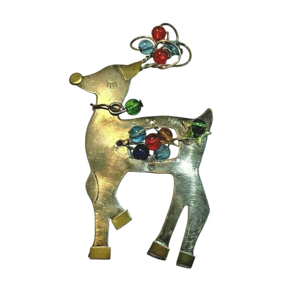 Retro Christmas Reindeer Brooch Silver & Multi Color Beaded Pin Holiday Festive